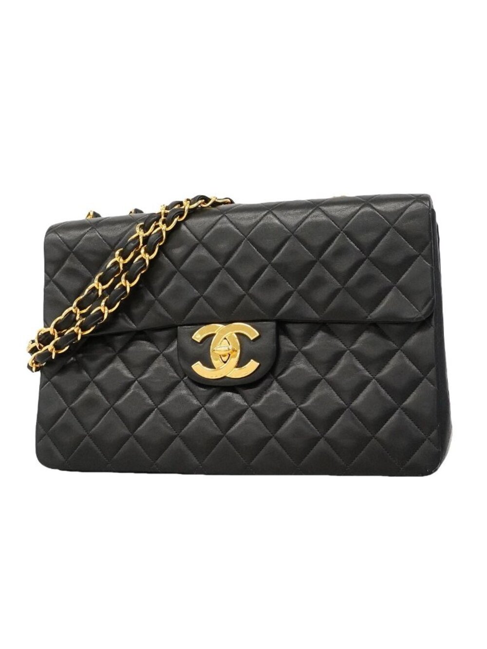 Chanel Shoulder Bag Maxi Quilted Lambskin Black Gold